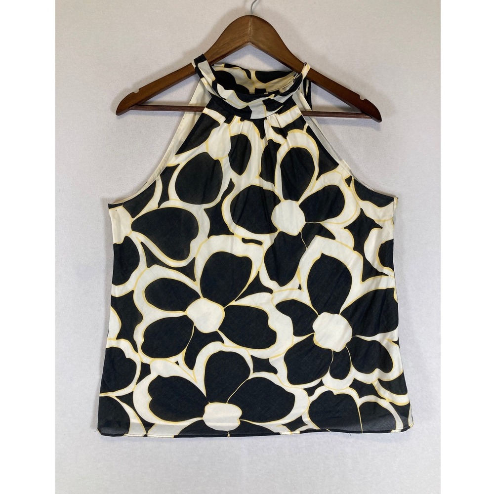 Retro Floral INC International Concepts Womens 14 Black White Halter Tie Blouse